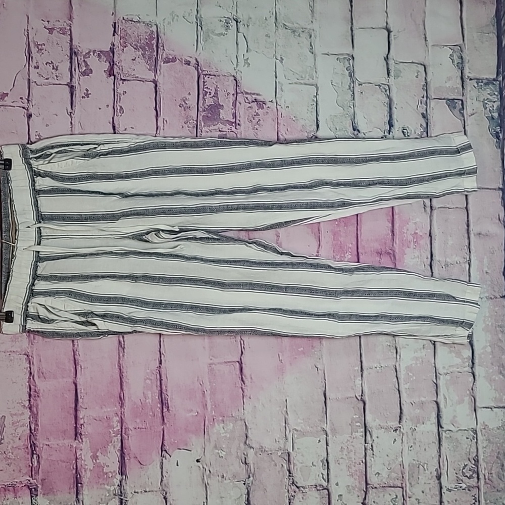 ARTISAN NY 100% LINEN STRIPED LAGENLOOK BEACHY RELAXED STRAIGHT LEG PANTS SMALL